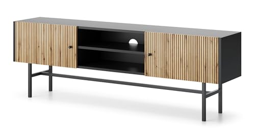 Selsey TV Schrank Lowboard Board Sideboard Fernsehtisch Fernsehschrank 2 Türen Fächer 155 cm Mit Lamellen Metallbeine Pulverbeschichtet Eiche Schwarz Divenos von Selsey