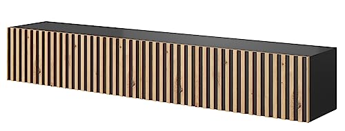 Selsey Telire - TV Lowboard Schwarz mit Wotan Eiche - Lamellenfronten, 175cm von Selsey