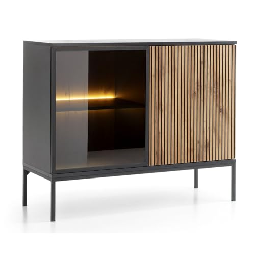 Selsey Tosena Sideboard 104 x 39 x 83 cm - Modernes Design in Schwarz-Graphit/Eiche Wotan - Mit Glasfront & 4 Fächern - Laminierte Spanplatte/MDF, Pulverbeschichteter Stahl - Beleuchtung Möglich Selsey Tosena Sideboard 104 x 39 x 83 cm - Modernes Design in Schwarz-Graphit/Eiche Wotan - Mit Glasfront & 4 Fächern - Laminierte Spanplatte/MDF, Pulverbeschichteter Stahl - Beleuchtung Möglich von Selsey
