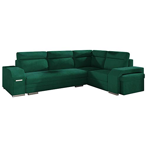 Selsey UMILL L - Ecksofa/Schlafcouch in L-Form mit Bettfunktion, Hocker und Minibar, 305 cm (Monolith 37 Flaschengrün, Recamiere rechts) von Selsey