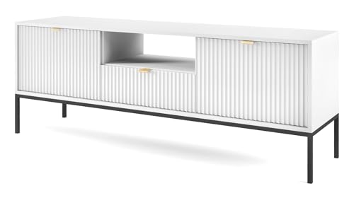 Selsey VELLORE - TV-Element Fernsehschrank - Weiß mit geriffelten Fronten und schwarzen Metallbeinen, 154 cm von Selsey