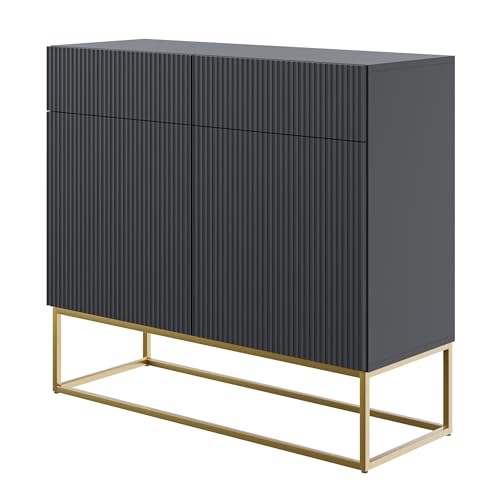 Selsey Veldio - Sideboard 2-türig mit 2 Schubladen, Schwarz mit goldenem Metallgestell, 100 cm breit von Selsey