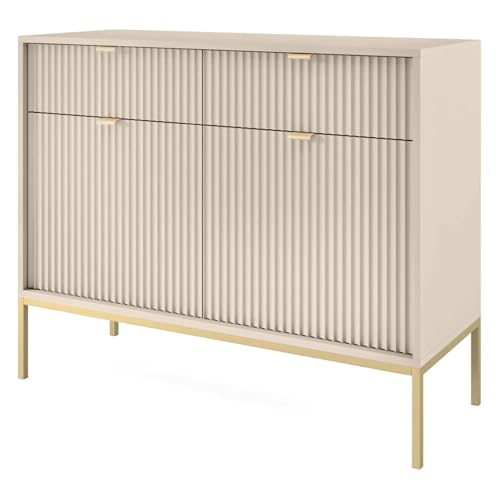 Selsey Vellore Sideboard Kommode 2-türig mit 2 Schubladen, Beige mit geriffelten Fronten und goldenen Metallbeinen, 104 cm von Selsey