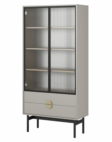 Selsey Vitrine Glas Vitrinenschrank Glasvitrine Wohnzimmer Glastür Hoch 84 cm 2 Schubladen 4 Fächer Graubeige Stoon von Selsey