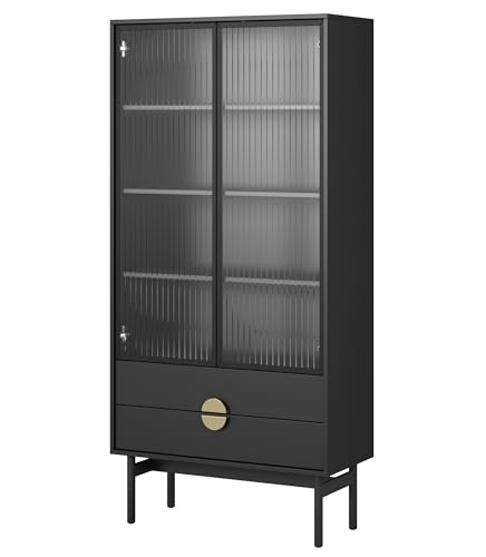 Selsey Vitrine Glas Vitrinenschrank Glasvitrine Wohnzimmer Glastür Hoch 84 cm 2 Schubladen 4 Fächer Schwarz Stoon von Selsey