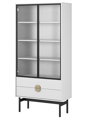 Selsey Vitrine Glas Vitrinenschrank Glasvitrine Wohnzimmer Glastür Hoch 84 cm 2 Schubladen 4 Fächer Weiß Stoon von Selsey