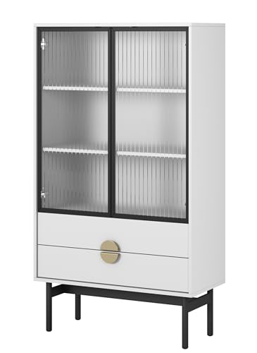 Selsey Vitrine Glas Vitrinenschrank Glasvitrine Wohnzimmer Glastür Niedrig 84 cm 2 Schubladen 3 Fächer Weiß Stoon von Selsey