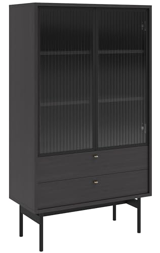 Selsey Vitrine Glas Vitrinenschrank Glasvitrine Wohnzimmer Glastür Niedrig 85 cm 2 Schubladen 3 Fächer Portland Esche Olar von Selsey