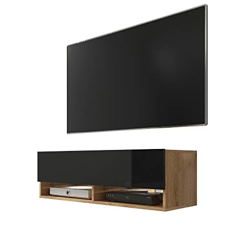 Selsey Wander - TV-Board/Fernsehschrank für Wohnzimmer hängend/stehend, optional mit LED, 100 cm (Holzoptik Wotan Eiche/Schwarz Hochglanz, mit LED) von Selsey