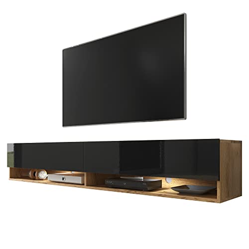 Selsey Wander - TV-Board/Fernsehschrank für Wohnzimmer hängend/stehend, optional mit LED, 180 cm breit (Holzoptik Wotan Eiche/Schwarz Hochglanz, mit LED) von Selsey