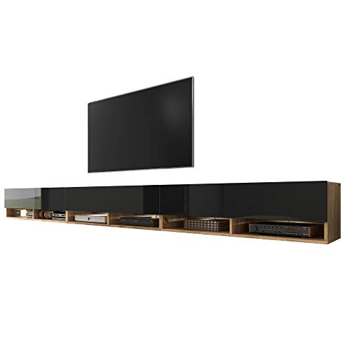 Selsey Wander - TV-Board/Fernsehschrank für Wohnzimmer hängend/stehend, optional mit LED, 300 (3 x 100) cm breit (Holzoptik Wotan Eiche/Schwarz Hochglanz, mit LED) von Selsey