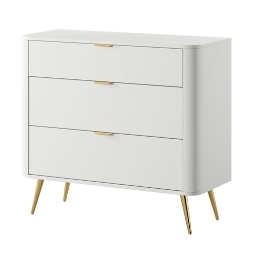 Selsey Weiße Kommode mit Schubladen 84 x 93 x 38 cm - 3 Große Schubladen - Ovales Design mit Goldfarbenen Metallfüßen - Abgerundete Kanten - Laminierte Platte Perlweiss - Wohnzimmer/Schlafzimmer Selsey Weiße Kommode mit Schubladen 84 x 93 x 38 cm - 3 Große Schubladen - Ovales Design mit Goldfarbenen Metallfüßen - Abgerundete Kanten - Laminierte Platte Perlweiss - Wohnzimmer/Schlafzimmer von Selsey