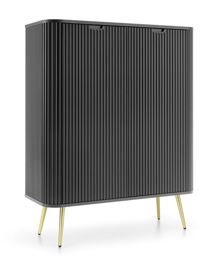 Selsey Zova Highboard - Schwarze Kommode mit Gold-Metallfüßen - Minimalistisches Design mit Abgerundeten Kanten & Geriffelten Fronten - Matt Holz & MDF - 129x103x39 cm - Schrank für Schlafzimmer von Selsey
