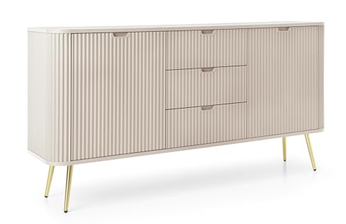 Selsey Zova Kommode Grau-beige - Modernes Sideboard mit 3 Schubladen & Fächern - Platinschicht Holz & MDF Matt - Goldene Metallfüße - Für Wohnzimmer/Schlafzimmer - Maße: 87x168x39 cm, Höhe Füße: 23 cm von Selsey