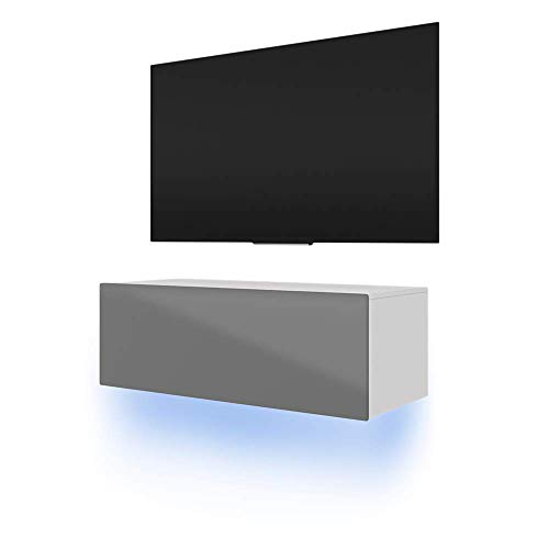 TV Schrank Lowboard Hängeboard SIMPLE mit LED Blau (100cm, Weiß Matt/Grau Hochglanz) von Selsey