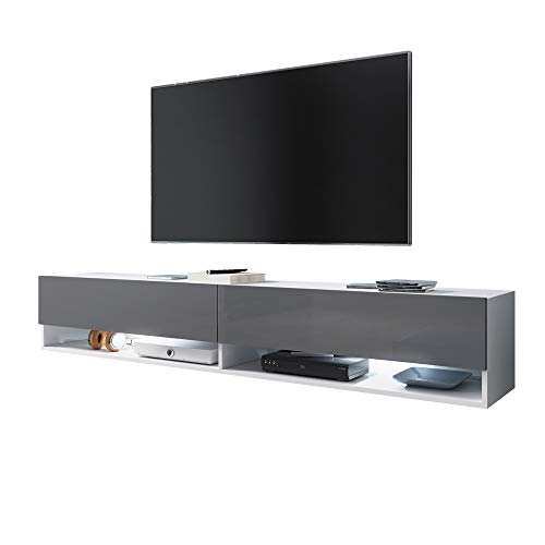Selsey Wander – TV-Lowboard/TV-Schrank in Weiß Matt/Grau Hochglanz hängend/stehend mit LED 100cm von Selsey