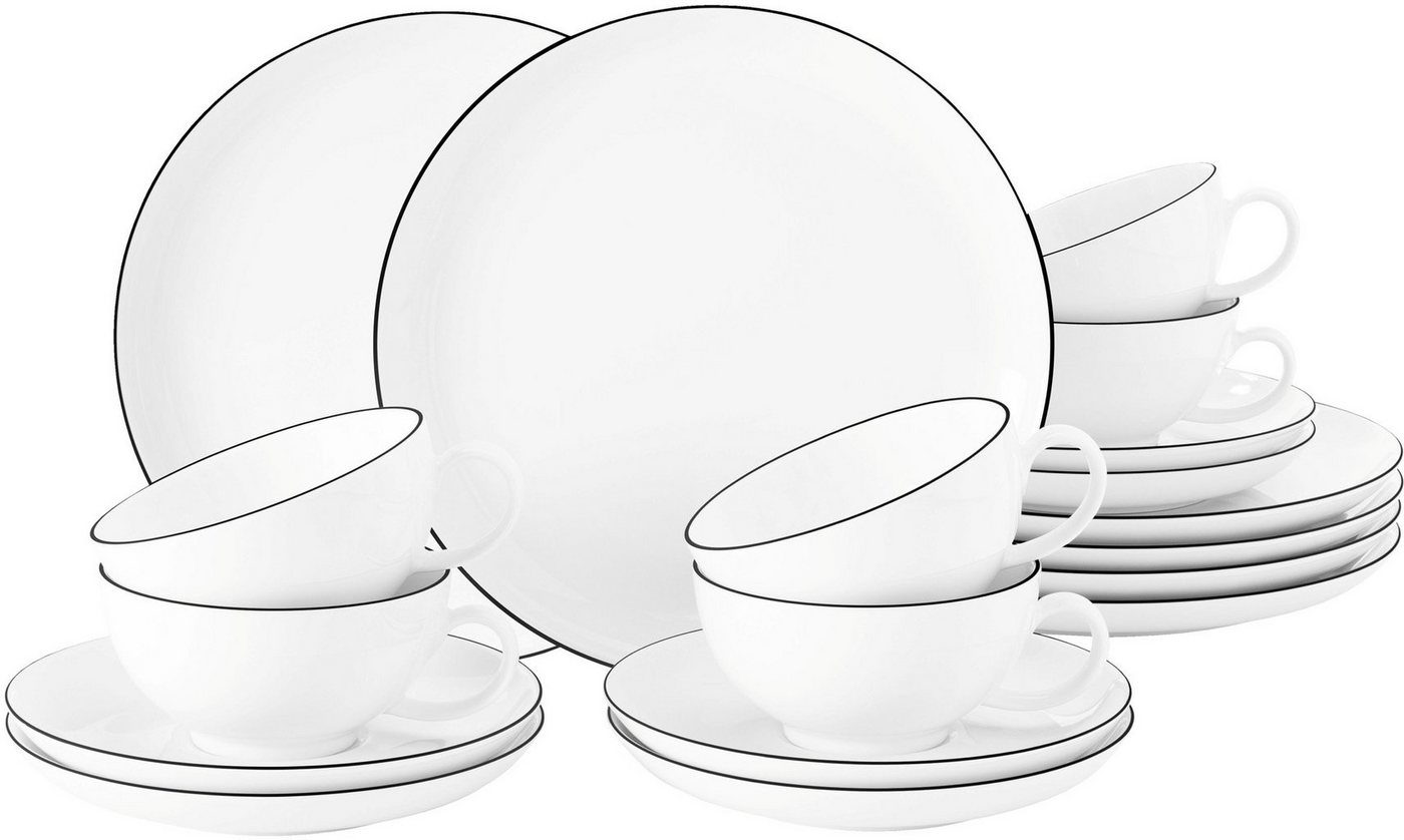 Seltmann Weiden Teeservice Geschirr-Set Lido Black Line (18-tlg), 6 Personen, Porzellan, Tassen, Untertassen, Teller 18 Teile, für 6 Personen, Made in Germany von Seltmann Weiden