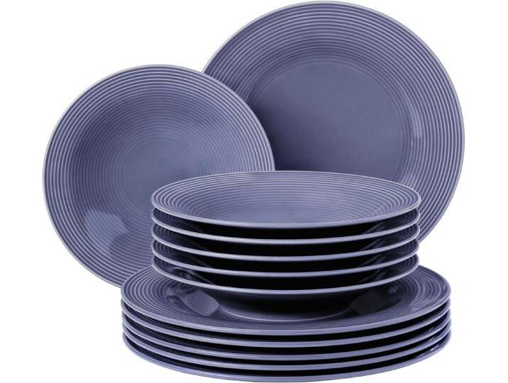 Seltmann Weiden Tafelservice Geschirr-Set, 12 Teile, Beat, Fliederblau (12-tlg), 6 Personen, Porzellan, Teller Set, weiß, mit Rillendekor, 12 Teile von Seltmann