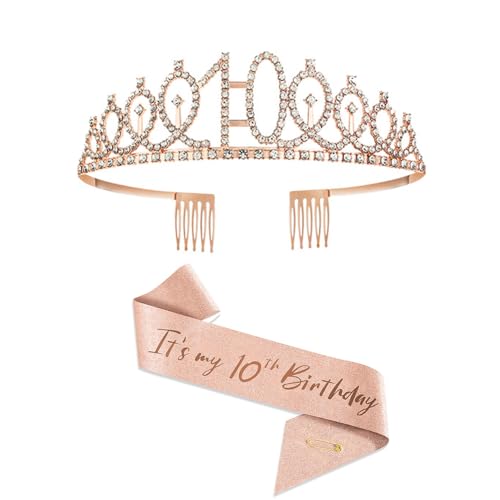 Semazz 10th Geburtstag Krone Mädchen,Es ist Mein 10. Geburtstag' Schärpe und Tiara Rose Gold Strass Geburtstag Schärpe Krone & Geburtstag Tiara Geburtstag Schärpe Haarnadel 10. Geburtstag Geschenke von Semazz