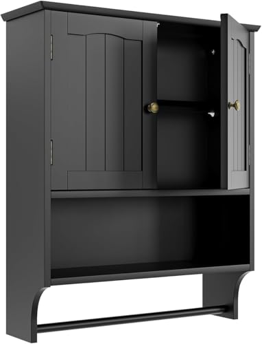 Semiocthome Badezimmerschrank Badschrank mit Handtuchhalter Küchenschrank Hängeschrank Wandschrank Medizinschrank mit 2 Türen und verstellbaren Einlegeböden LBH: 57cm x 19cm x 70cm - Tiefschwarz von Semiocthome