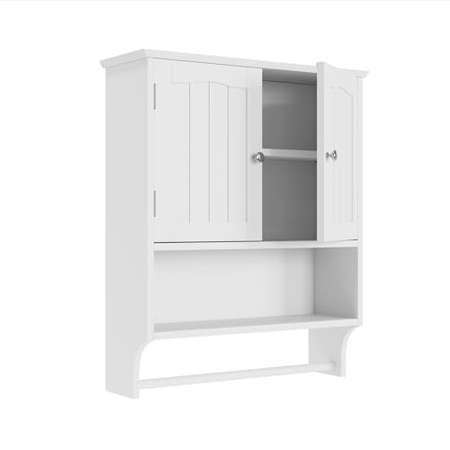 Semiocthome Badezimmerschrank Badschrank mit Handtuchhalter Küchenschrank Hängeschrank Wandschrank Medizinschrank mit 2 Türen und verstellbaren Einlegeböden LBH: 57cm x 19cm x 70cm - Weiß von Semiocthome
