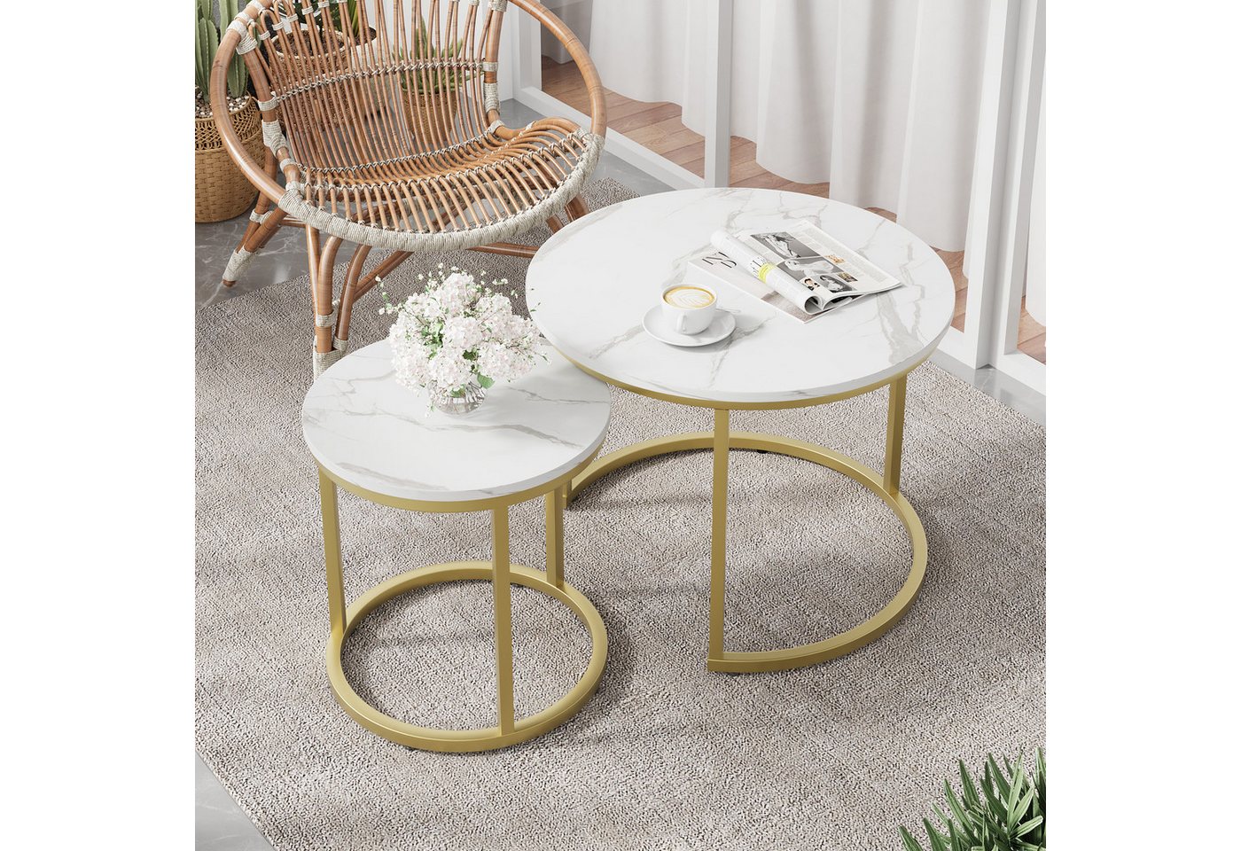 Semiocthome Couchtisch 2 runden Tischen mit golden rutschfesten Füßen, Ø: 59.9cm & 39.9cm (2-St., 2er-Set), für Wohnzimmer und Schlafzimmer, mit eleganten Kurven von Semiocthome