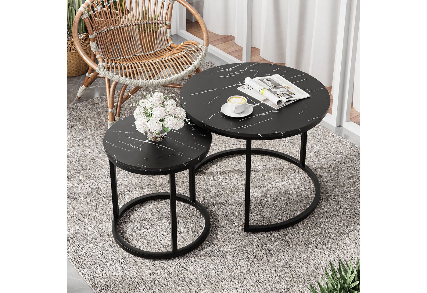 Semiocthome Couchtisch 2 runden Tischen mit golden rutschfesten Füßen, Ø: 59.9cm & 39.9cm (2-St., 2er-Set), für Wohnzimmer und Schlafzimmer, mit eleganten Kurven von Semiocthome