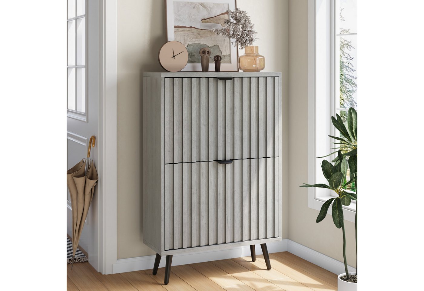 Semiocthome Schuhschrank Versteckter Schuhschrank mit 60cm grauen Rillendesign mit 2-Klapp-Schubladen, für Eingänge, Flure, Wohnzimmer, grau Semiocthome Schuhschrank Versteckter Schuhschrank mit 60cm grauen Rillendesign mit 2-Klapp-Schubladen, für Eingänge, Flure, Wohnzimmer, grau von Semiocthome