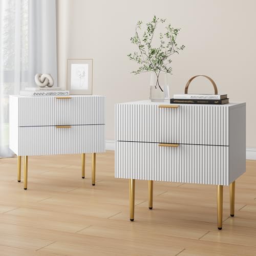 Semiocthome Weißer Nachttisch mit 2 gewellten Flüsterpaneel-Schubladen, mit goldenen Metallbeinen, Schlafzimmer-Set mit breiter Tischplatte, Nachttisch für das Wohnzimmer Zwei Carmens von Semiocthome