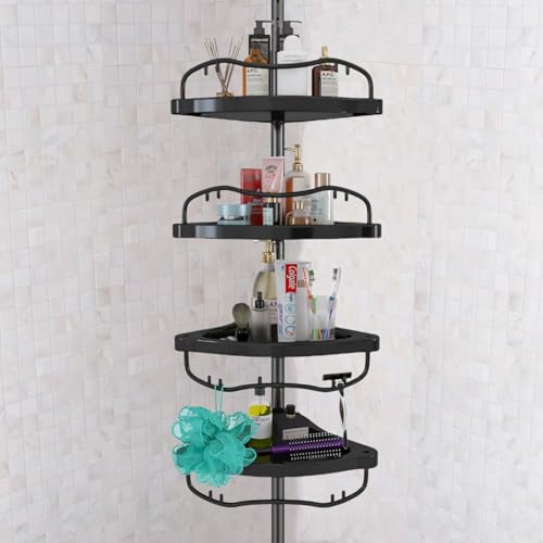 Sempicad Duschablage, Dusch-Caddy, Spannstange mit 4 ABS-Körben, Duschregal mit 142 bis 325 cm verstellbarer Edelstahlstange für Badezimmer, Schwarz von Sempicad