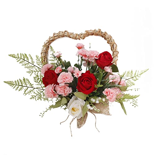 Sempoda Künstliche Rosen- und Nelkenkränze, Willkommensschild, Hängende Alltägliche Tulpen- und Maiglöckchenkränze mit Blättern, Herzförmige Kränze aus Rattan für Den Frühling und(Rot und Rosa) von Sempoda