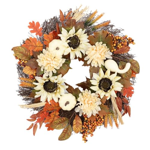 Künstlicher Weißer Kürbiskranz, Sonnenblumen-Herbst-Ernte-Kranz mit Blättern, Blumen-Herbst-Türgirlande, Thanksgiving-Themen-Swag, Tropfen-Swag-Halloween-Kranz für die Haustür Künstlicher Weißer Kürbiskranz, Sonnenblumen-Herbst-Ernte-Kranz mit Blättern, Blumen-Herbst-Türgirlande, Thanksgiving-Themen-Swag, Tropfen-Swag-Halloween-Kranz für die Haustür von Sempoda