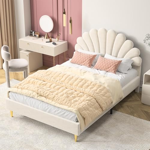 Sempoda Doppelbett 140 x 200 cm für Mädchen, gepolstertes Einzelbett, Kinderbett, Kopfteil in Blumenform und Lattenrost aus Samt, ohne Steppdecke (Beige) von Sempoda