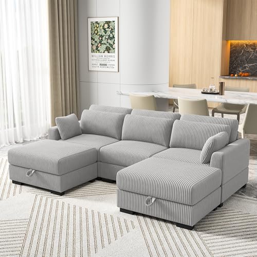 Sempoda Modulares Sofa aus Cord, 3-Sitzer, mit 2 Fußstützen, einfach zu montieren, grau, 254 x 157 x 85 cm Sempoda Modulares Sofa aus Cord, 3-Sitzer, mit 2 Fußstützen, einfach zu montieren, grau, 254 x 157 x 85 cm von Sempoda