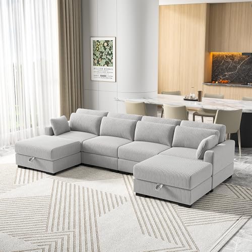 Sempoda Modulares Sofa aus Cord, 4-Sitzer, mit 2 Fußstützen, einfach zu montieren, grau, 330 x 157 x 85 cm Sempoda Modulares Sofa aus Cord, 4-Sitzer, mit 2 Fußstützen, einfach zu montieren, grau, 330 x 157 x 85 cm von Sempoda