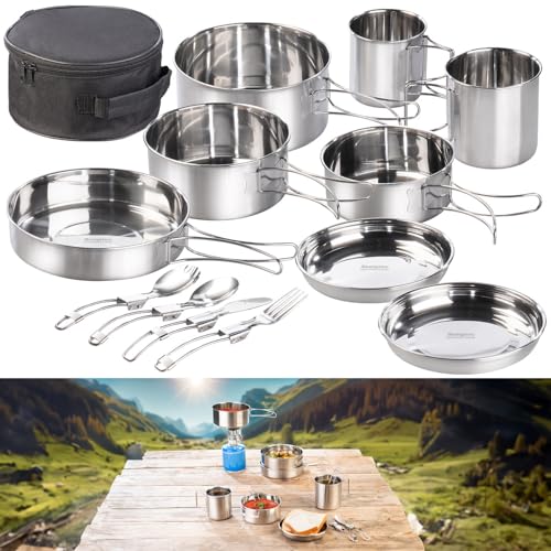 Semptec Urban Survival Technology Campingtöpfe: 12-teiliges Edelstahl-Campinggeschirr-Komplettset mit Besteck & Tasche (Camping Kochgeschirr, Kochset, Campingkocher) von Semptec Urban Survival Technology