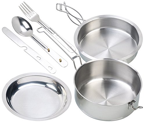 Semptec Urban Survival Technology Camping Topf: 6-teiliges Edelstahl-Camping-Kochgeschirr-Set mit Besteck (Kochset, Kochtopf, Spirituskocher) von Semptec Urban Survival Technology