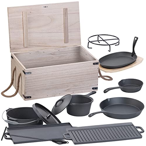 Semptec Urban Survival Technology Camping Kochgeschirr: 9-teiliges Gusseisen-Dutch-Oven-Set mit Aufbewahrungskiste aus Holz (Dutch Oven Pfanne mit Deckel, Dutch Oven & Zubehör, Campingkocher) von Semptec Urban Survival Technology