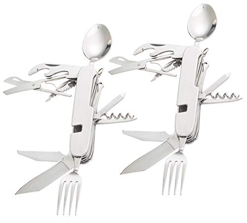 Semptec Urban Survival Technology Löffel: 2er-Set 14in1-Edelstahl-Klappbestecke und Taschenmesser (Multifunktions Klappbesteck, Multitool-Besteck, Tasche) von Semptec Urban Survival Technology