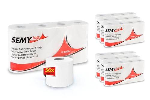 SemyTop Toilettenpapier, 3-lagig, 56 Rollen (7x8 Stück), 250 Blatt pro Rolle, hochweiß, Zellstoff, motivgeprägt, weiche & reißfeste Qualität - Klopapier Großpackung für perfekte Hygiene von SemyTop