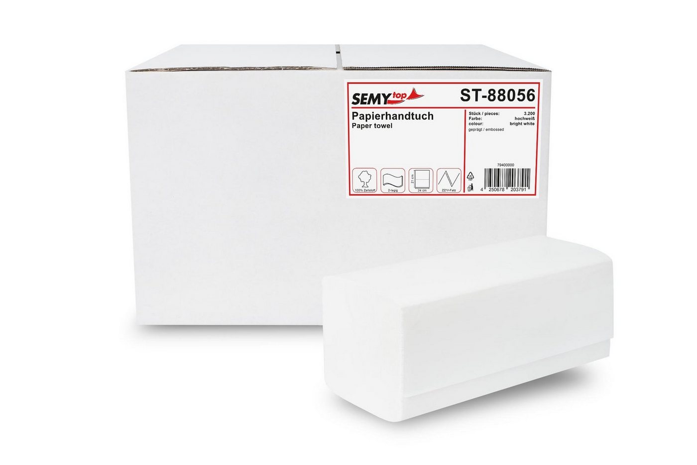 SemyTop Papierhandtuch Zellstoff hochweiß 2-lagig 24 x 21 cm, 3.200 Blatt (3200-St), ZZ/V-Falz von SemyTop