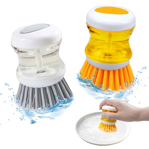 SenaiMy 2 Stück Spülbürste mit Spülmittelspender, Reinigungsbürste zum Drücken mit Spülmittel, Küchenbürste Multifunktionale für Töpfe, Pfannen, Spüle Reinigung von SenaiMy