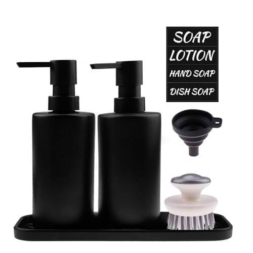 SenaiMy Seifenspender Schwarz 350ml Spülmittelspender Set mit Tablett Trichter Pinsel Modern Handseifenspender Reinigen Soap Dispenser Seifenspender für Küche Badezimmer Arbeitsplatte von SenaiMy