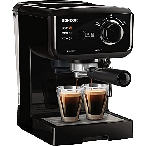 SENCOR SES 1710BK Espressomaschine (1140 Watt, Espresso / Cappuccino-Kaffeemaschine, 15 bar Druckpumpe, Heizkessel, Edelstahlgehäuse) schwarz von SENCOR