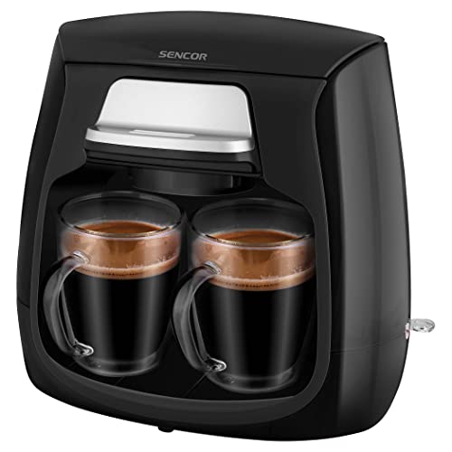 Sencor Kaffeemaschine zum Brauen von 2 Tassen Kaffee auf einmal & 2 doppelwandiges Glas, Schwarz von SENCOR