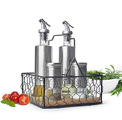 Sendez 5-tlg. Menage Set mit Korb Salz & Pfefferstreuer Ölspender Essigspender Edelstahl Glas von Sendez