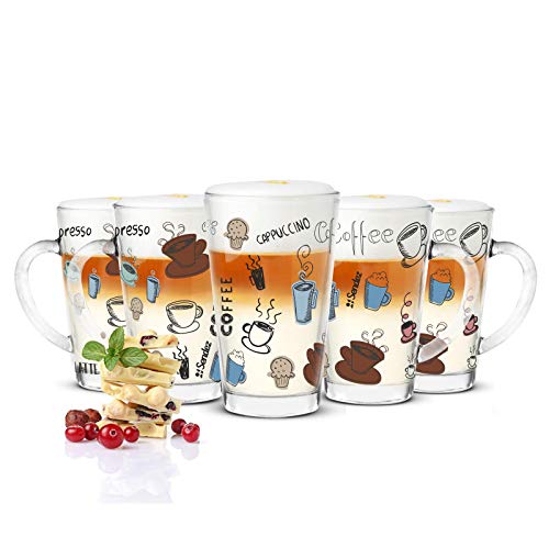 Sendez 6 Latte Macchiato Gläser 300ml Kaffeegläser Teeglas mit Buntem Kaffee-Aufdruck von Sendez