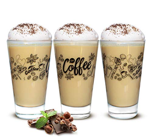 Sendez 6 Latte Macchiato Gläser 310ml Kaffeegläser Teegläser mit schwarzem Kaffee-Aufdruck von Sendez