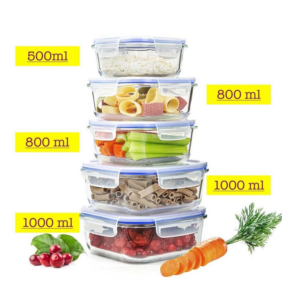 Sendez Frischhaltedose 10tlg. 2x1L 2x800ml 1x500ml Glas Lunchbox Vorratsdosen Brotdose, Glas von Sendez