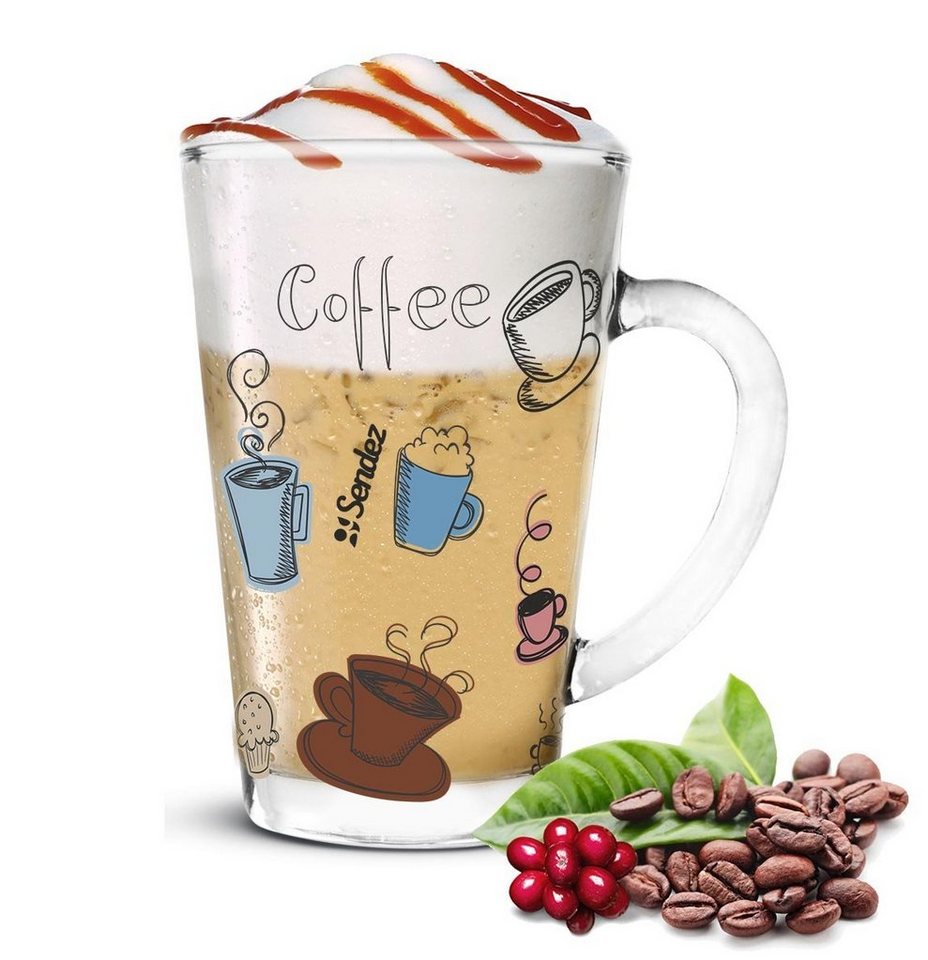 Sendez Latte-Macchiato-Glas 6 Latte Macchiato Gläser 300ml Kaffeegläser Teeglas mit buntem Kaffee-Aufdruck, Glas von Sendez